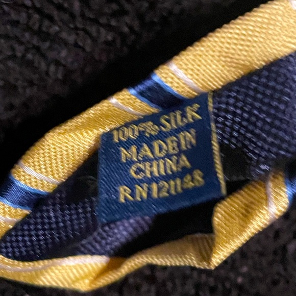 Men’s Club Room Necktie. Yellow with Narrow Blue Strips - Picture 2 of 5